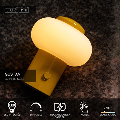 Lucide GUSTAV - Lampe de table Rechargeable - Batterie/Piles - Ø 8 cm - LED Dim. - 1x0,8W 2700K - Jaune | Essential